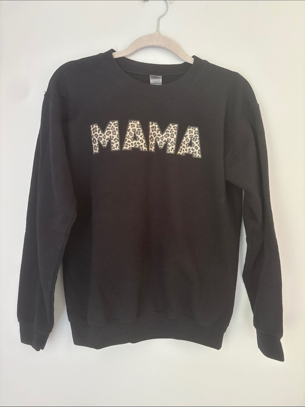 Gildan Black Heavy Blend Crewneck Mama Sweatshirt with Leopard Accent